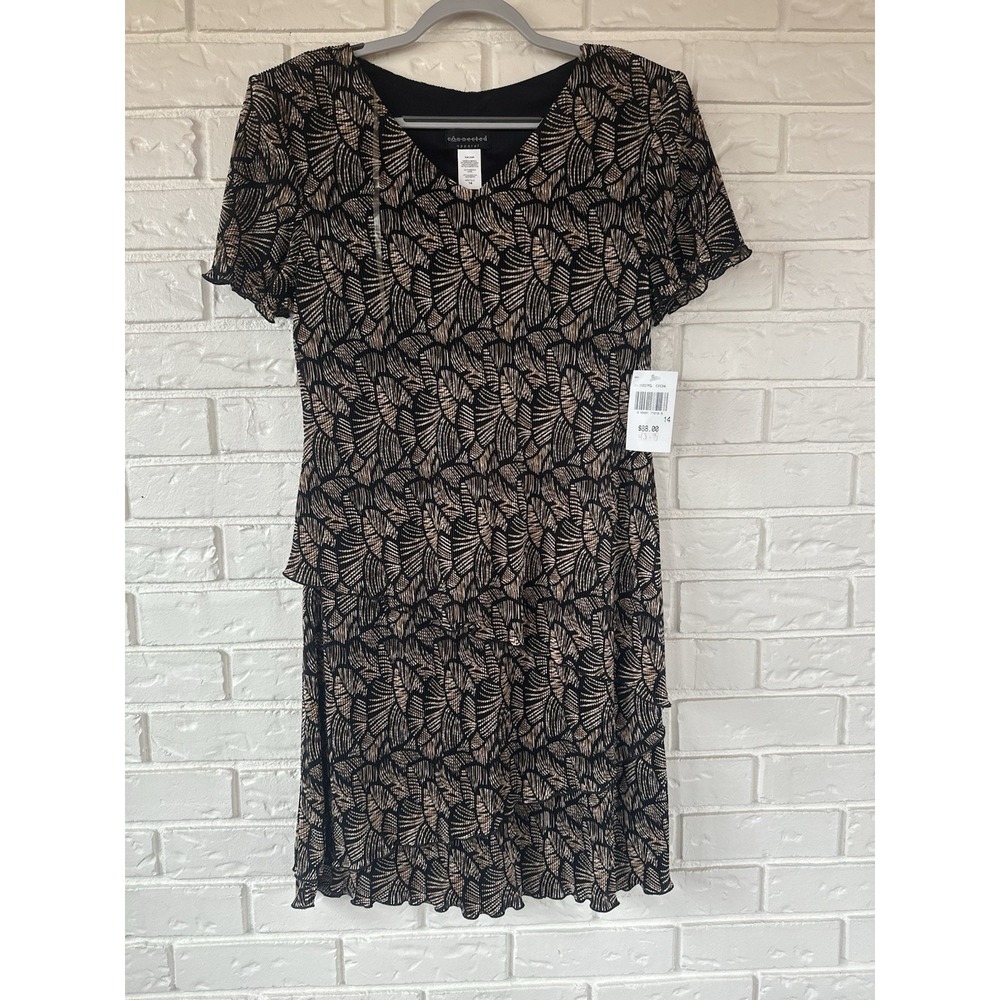 Connected Apparel Cocoa & Black Art Deco Tiered Dress Size 14 NWT Wedding Guest